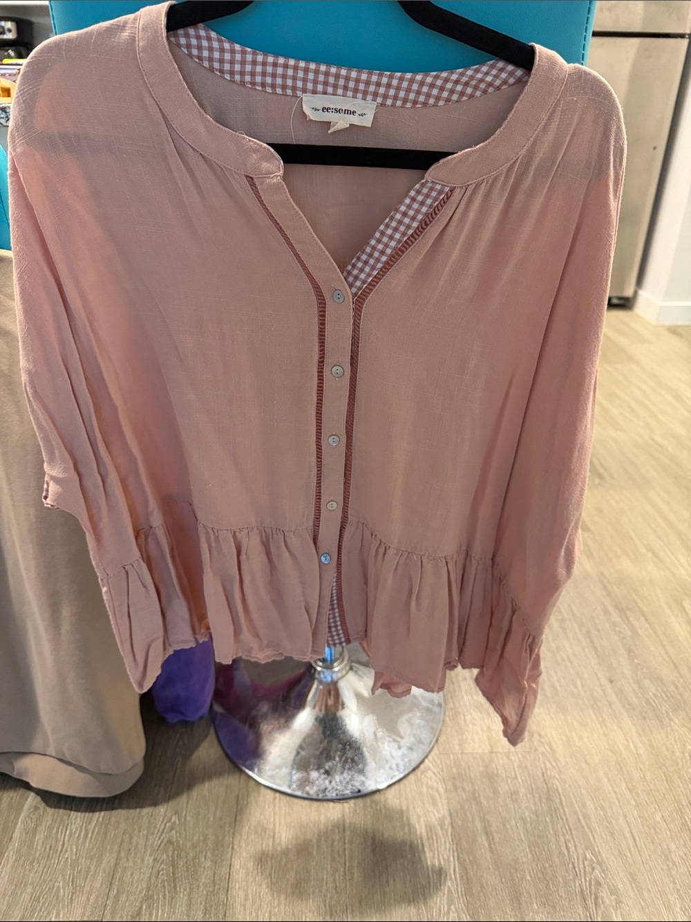 eesome Blush Pink Button-Front Ruffle Hem Tunic